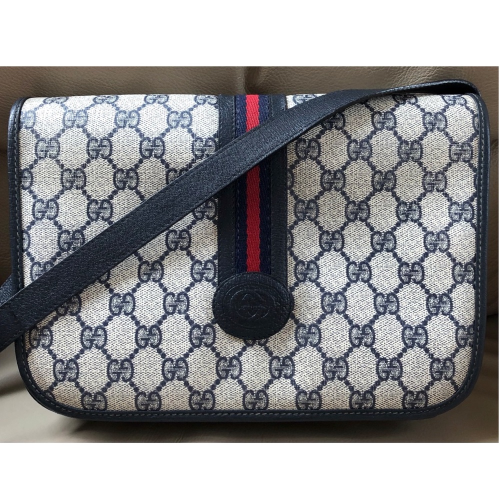 Authentic Vintage Gucci Web Navy Monogram Flap Bag
